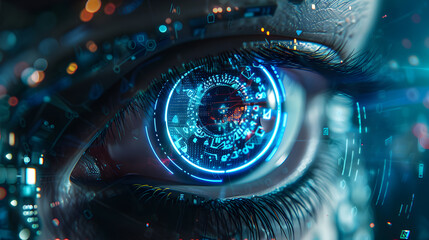 A close-up of a human eye with a futuristic digital interface.