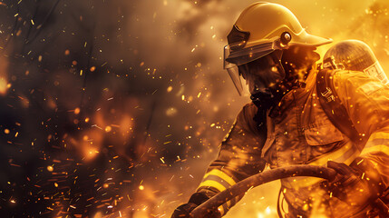 A firefighter in full gear battling a blaze, with flames and sparks swirling around them.