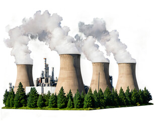 a modern industrial power plant with multiple cooling towers emitting steam, surrounded by greenery,