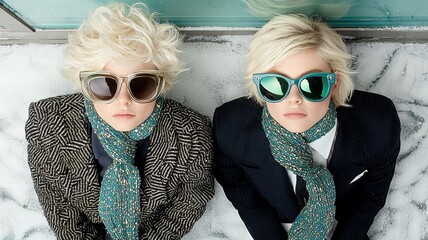 Two fashionable individuals in stylish sunglasses pose creatively on a snowy surface, showcasing modern winter wear.