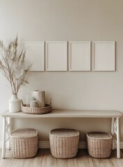 Light oak wooden frames on a white wall with a minimalist style.