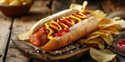 Poster - Side View of a Hot Dog with Ketchup and Potato Chips on a Wooden Platter