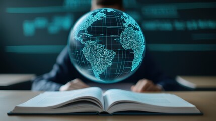 Wall Mural - A man is sitting at a desk with a book open in front of him