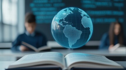 A globe is floating above a book with a blue cover