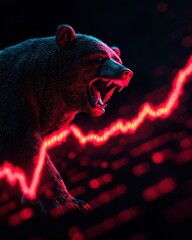 futuristic of a bear market symbol with a growling bear and downward trending market graph in red ne