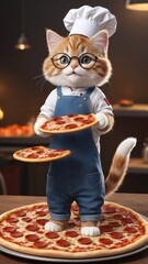 Wall Mural - Cat pizza chef smiling wearing wire-rimmed glasses holding a pepperoni pizza making a yummy gesture