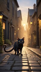 Wall Mural - A black cat with yellow eyes sits in front of a street lamp