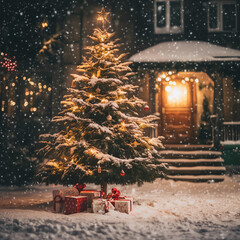 Christmas tree with snow background in front of the house and some gifts placed under it, Ai generated Images