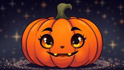 Wall Mural - Cute cartoon pumpkin with expressive eyes on a starry night background