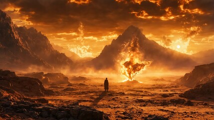 Person standing middle desert-like landscape mountains backgroun