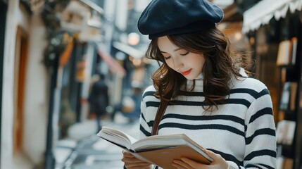 Artist sketching cityscape wearing beret and striped sweater