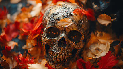 A spooky halloween decoration background with metal skull, feathers and witchcraft props creating a horror concept atmosphere.