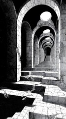 Canvas Print - Black and white hallway with arches and steps.