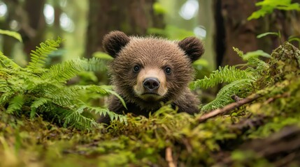 Wall Mural - Cute Bear Cub Hiding in Green Foliage