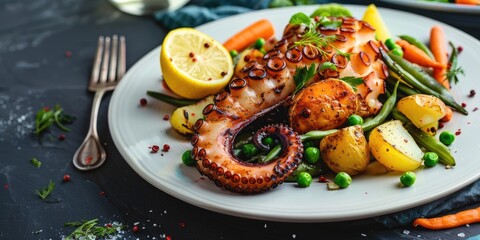 Nutritious seafood meal featuring grilled octopus accompanied by fresh vegetables, potatoes, a slice of lemon, string beans, green peas, and carrots served on a white plate.