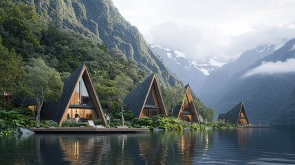 Canvas Print - Modern A Frame Cabins on a Lake with Mountains in the Background