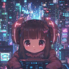 Poster - Cyberpunk Anime Girl in Futuristic City with Neon Lights