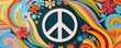 © Peter@studio5 - A cartoon peace sign surrounded by swirling rainbow patterns and flowers, groovy, peace sign, retro