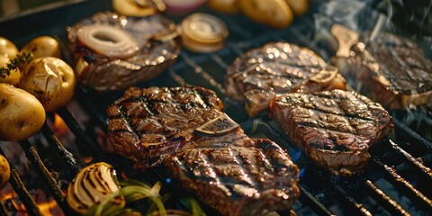 Aerial perspective of grilled ribeye steaks featuring distinct charred grill marks, served alongside sliced onions and potatoes being cooked on an outdoor grill.