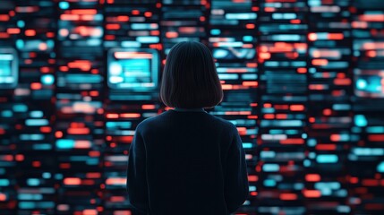 A woman is looking at a computer screen with many different colored squares