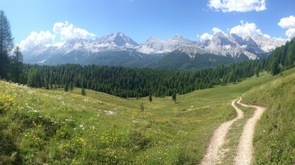 Canvas Print - Mountain Path Leading Through Meadow With Snow Capped Peaks in Background