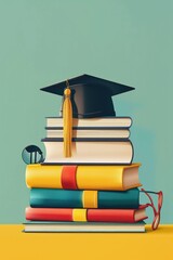 Wall Mural - A stack of books with a graduation cap on top, perfect for academic and educational concepts