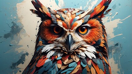 A striking abstract owl portrait with layered, colorful double exposure paint, showcasing creative textures and patterns u