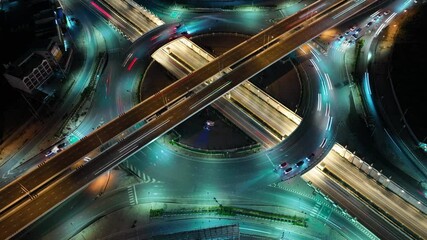 Poster - Drone aerial view, high angle, Hyperlapse time-lapse of car traffic transportation above circle roundabout road in Asian city, Public transport. expressway