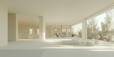 Sticker - Modern Minimalist White Interior Design with Large Windows and Sunlit Floor