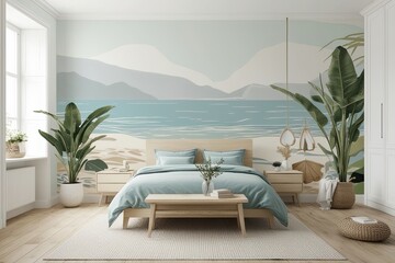 Charming Coastal Bedroom Mural Mockup with Light Colors and Minimalist Design