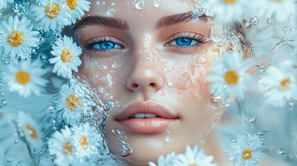 face mist photo shoot with blue chamomile flowers, realistic hyper-detailed rendering, cool blue tones, eye-catching tags with delicate free-flowing lines, water drops adding a calming freshness,