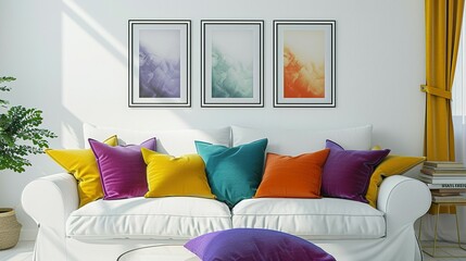 Wall Mural - Scandinavian-Style Modern Living Room Featuring White Sofa, Colorful Pillows, and Art Poster Frame Against Wall