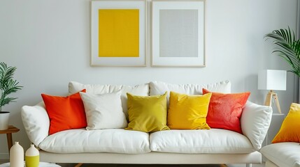 Wall Mural - White Sofa with Colorful Vibrant Pillows and Art Poster Frame in a Scandinavian-Designed Modern Living Room