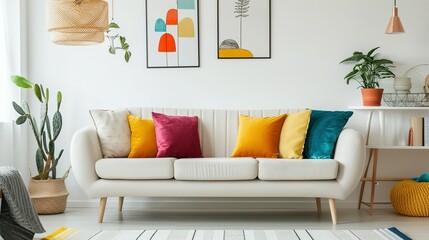 White Sofa with Colorful Vibrant Pillows and Art Poster Frame in a Scandinavian-Designed Modern Living Room