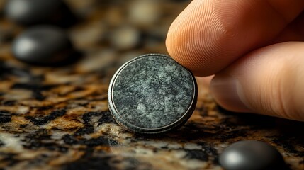 Close-up of fingers holding an old, worn coin - Detailed view of antique coin in hand