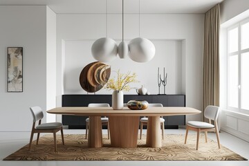 Wall Mural - Stylish Minimalist Home Interior Mockup Featuring Beechwood Table and Artistic Details in Bright Environment