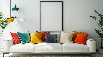 Modern Scandinavian Living Room: White Sofa with Colorful Pillows and Art Poster Frame Against Wall