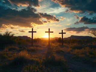 Poster - Three crosses in a field at sunset