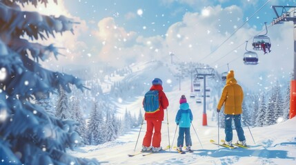 Wall Mural - Group of skiers descending snowy mountain trail