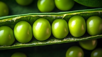 Wall Mural - Luscious plump green peas nestled in an open pod showcasing the bountiful and nourishing harvest from nature s garden  This close up photograph captures the vibrant colors textures