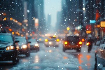 Poster - A bustling city street during a blizzard, with blurred cars and pedestrians moving through heavy snowfall