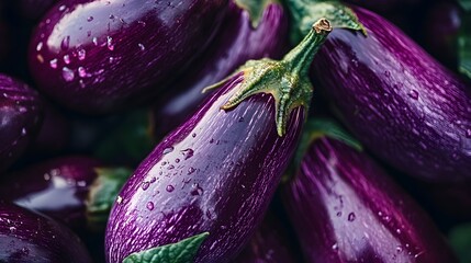 Vibrant and Glossy Close Up Photograph of Freshly Harvested Purple Eggplants on a Natural Background