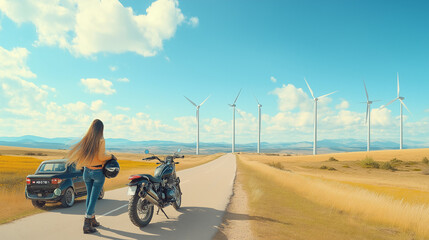 A long-haired woman with a motorbike and a beautiful street landscape view.