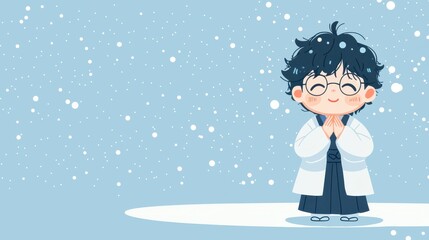 Sticker - Cute Boy in Kimono Standing in Snowy Winter Landscape