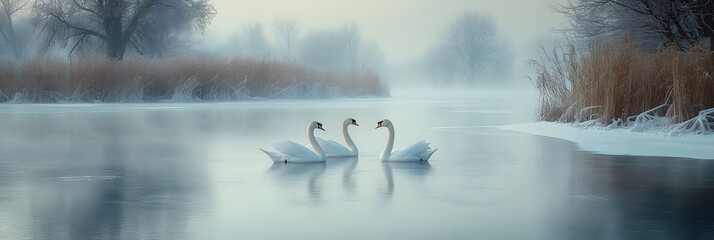 Poster - A frozen lake with blurred swans gliding over the thin ice, surrounded by snow-covered reeds and trees