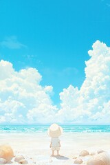 Wall Mural - Child on a Tropical Beach Looking at the Ocean and Clouds