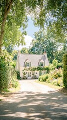 Wall Mural - Charming White Cottage with Green Shutters and Flowers on a Sunny Day