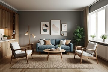 Wall Mural - Cozy Scandinavian Home Interior Mockup Featuring Natural Wooden Furniture