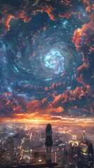 Wall Mural - Woman Looking at Cityscape with Spiral Galaxy.