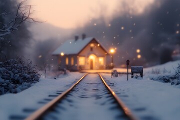 Poster - A small train station in the middle of a snowy landscape, with blurred tracks disappearing into the distance and a soft glow from the station lights.